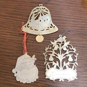 3 vintage brass engraved Lillikins Lillian Vernon Christmas tree ornaments